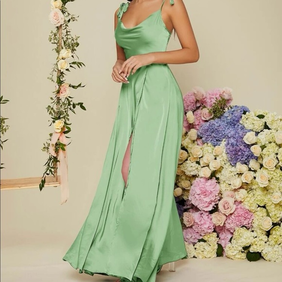 Luxurious tie shoulder wrap satin formal prom wedding evening party maxi dress - Picture 9 of 10